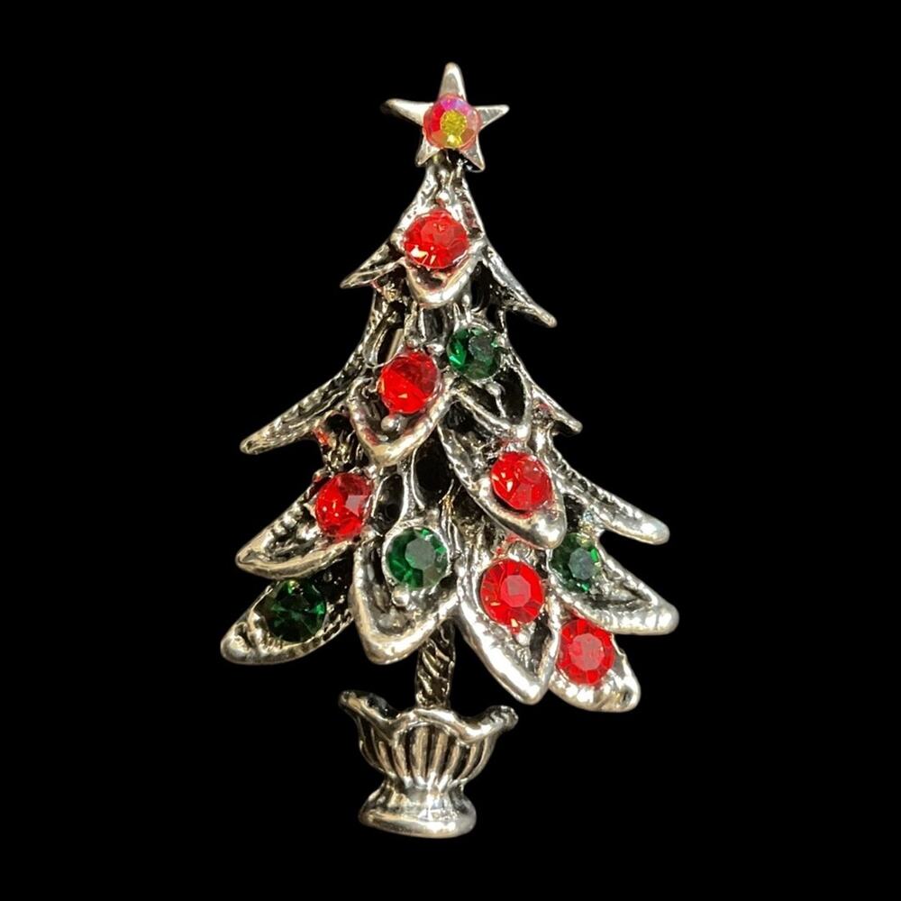 CHRISTMAS‎ TREE Pin Brooch Silver with Red & Green Crystals- New